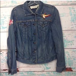 Tommy Hilfiger Distressed Blue Jean Jacket Sz S P Embroidered Birds Heart Denim